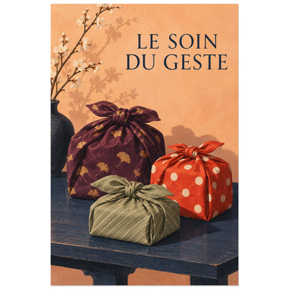 Affiche Furoshiki - Le soin du geste, illustration peinte / nature morte textile verticale, format 30 × 45 cm