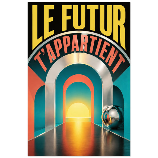 Arches métalliques illustrées conduisant vers un disque jaune, affiche 30 × 45 cm