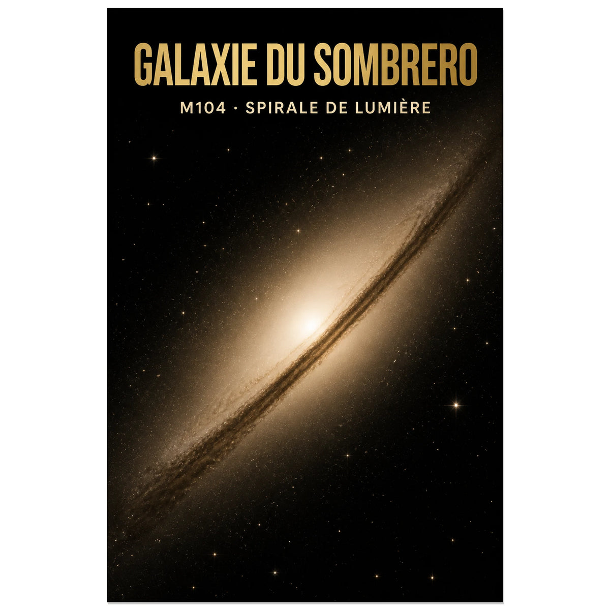 Affiche Galaxie du Sombrero – M104, spirale de lumière, illustration astronomique monochrome raffinée verticale, format 30 × 45 cm