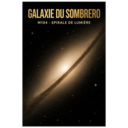 Affiche Galaxie du Sombrero – M104, spirale de lumière, illustration astronomique monochrome raffinée verticale, format 40 × 60 cm