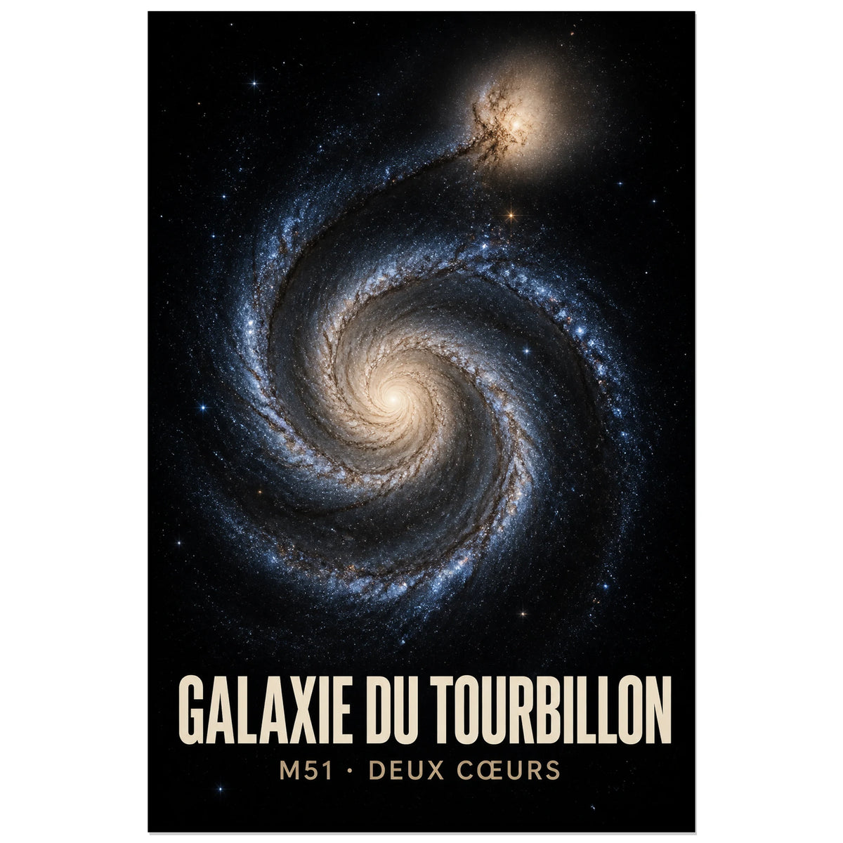 Affiche Galaxie du Tourbillon – M51, deux cœurs, illustration astronomique réaliste et dynamique verticale, format 60 × 90 cm