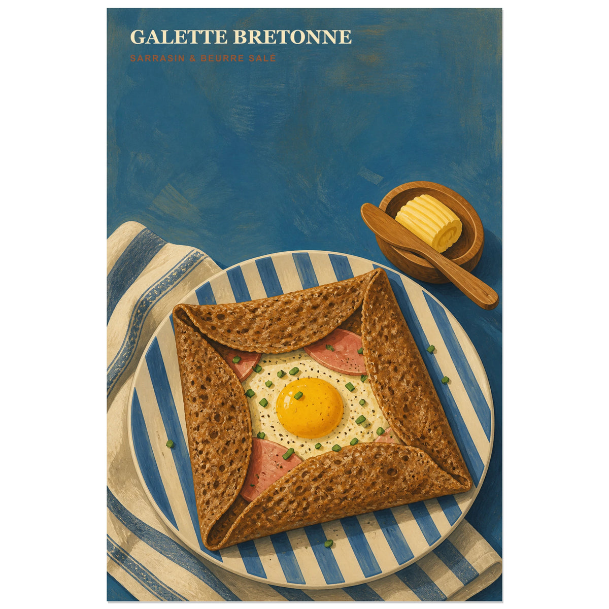 Affiche Galette Bretonne – Sarrasin & Beurre Salé, illustration régionale vintage à la gouache verticale, format 30 × 45 cm