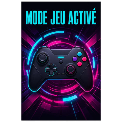 Anneaux concentriques cyan et magenta derrière une manette de jeu, affiche 40 × 60 cm