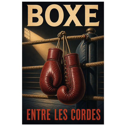 Gants de boxe rouges entre les cordes du ring, affiche 30 × 45 cm