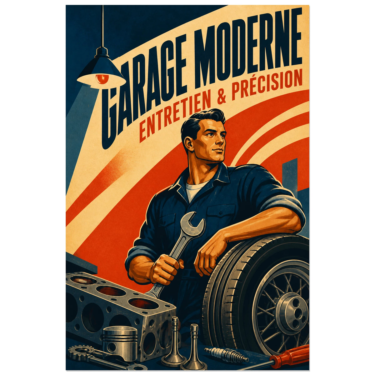 Affiche Garage Moderne – Entretien & Précision, affiche de garage des années 1950 au lettrage industriel condensé verticale, format 30 × 45 cm