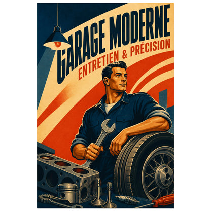 Affiche Garage Moderne – Entretien & Précision, affiche de garage des années 1950 au lettrage industriel condensé verticale, format 60 × 90 cm