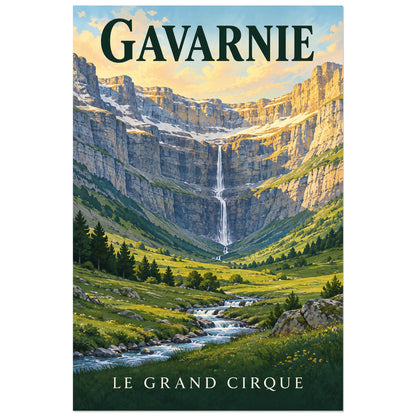 Affiche Gavarnie – Cirque et cascade, illustration peinte / affiche touristique néo-vintage verticale, format 30 × 45 cm