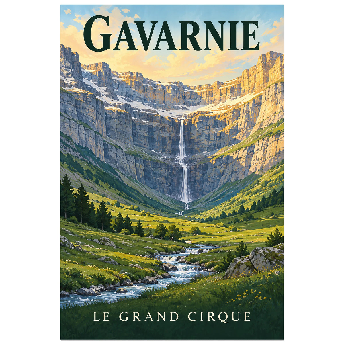 Affiche Gavarnie – Cirque et cascade, illustration peinte / affiche touristique néo-vintage verticale, format 60 × 90 cm