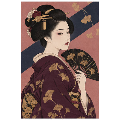 Affiche Geisha - Éventail prune, illustration d'inspiration estampe / portrait décoratif verticale, format 30 × 45 cm