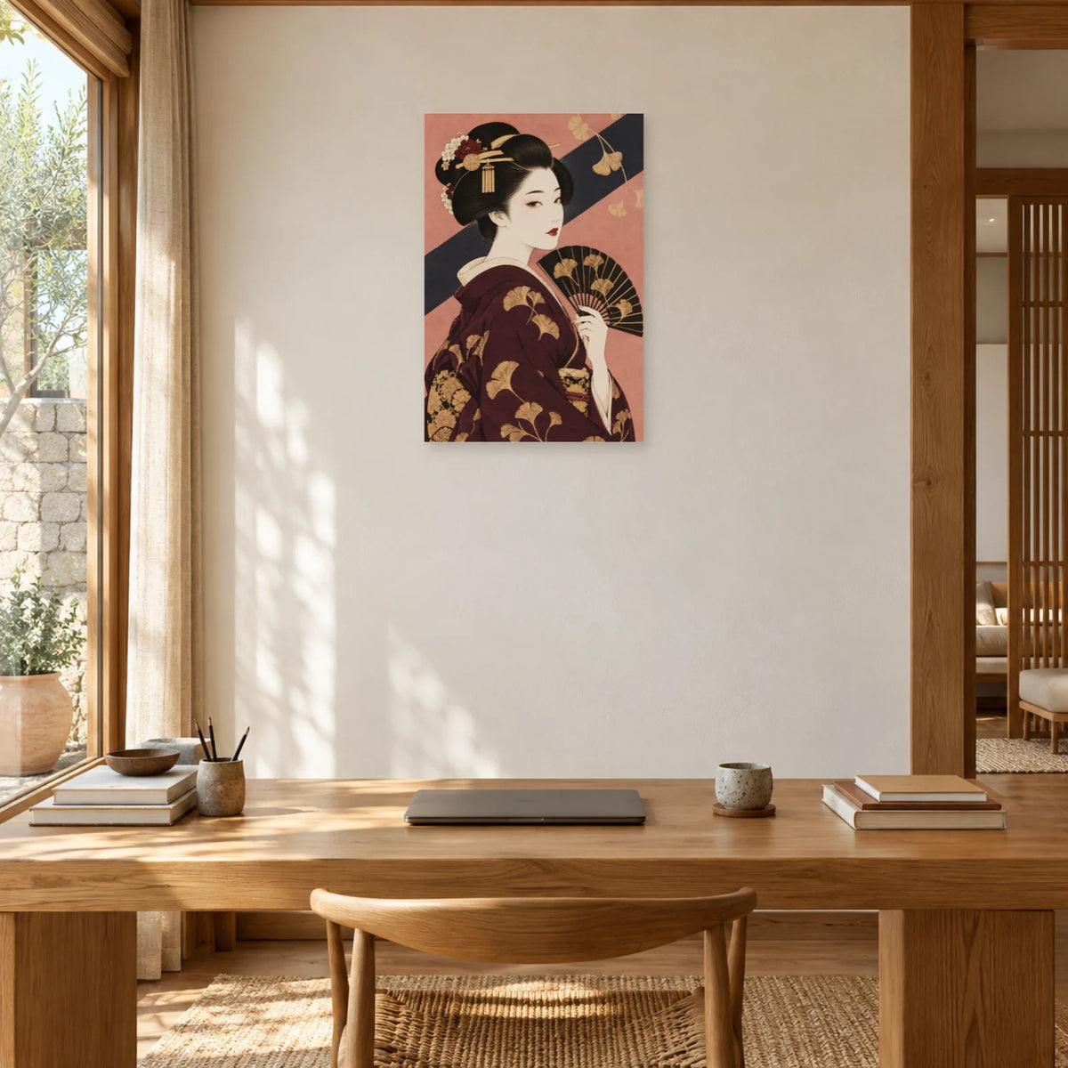 Affiche Geisha - Éventail prune dans un bureau - Art Virtuoso