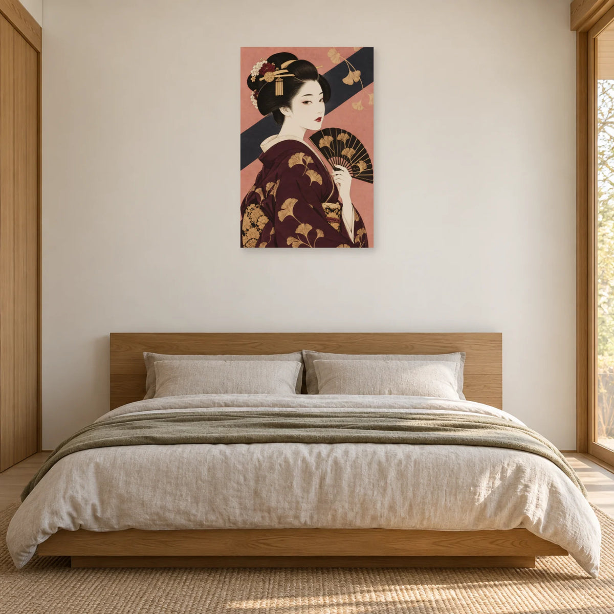 Affiche Geisha - Éventail prune dans une chambre - Art Virtuoso
