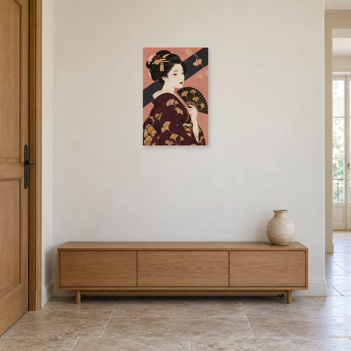 Affiche Geisha - Éventail prune dans une entrée ou un couloir - Art Virtuoso