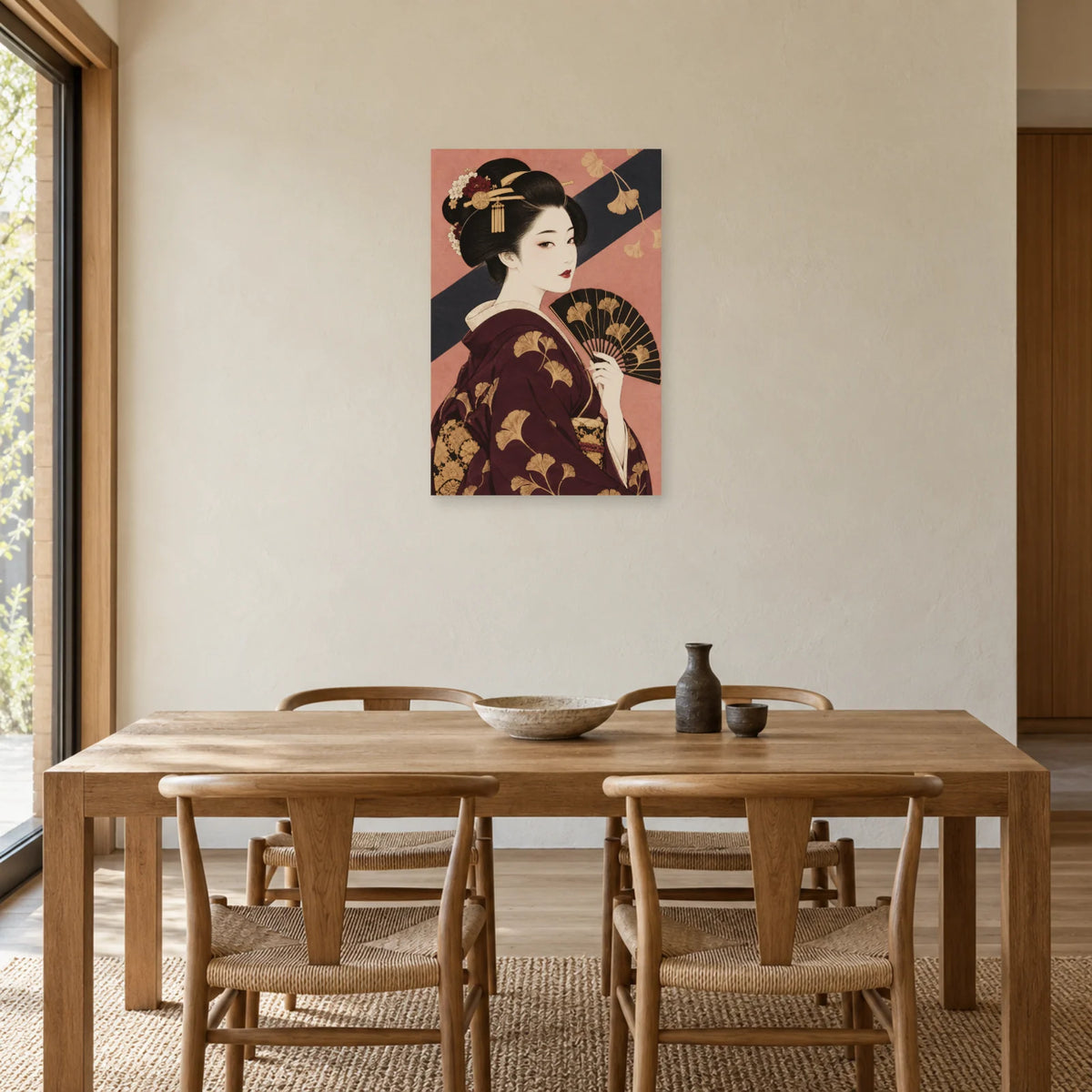 Affiche Geisha - Éventail prune dans une salle à manger - Art Virtuoso