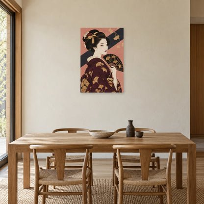 Affiche Geisha - Éventail prune dans une salle à manger - Art Virtuoso