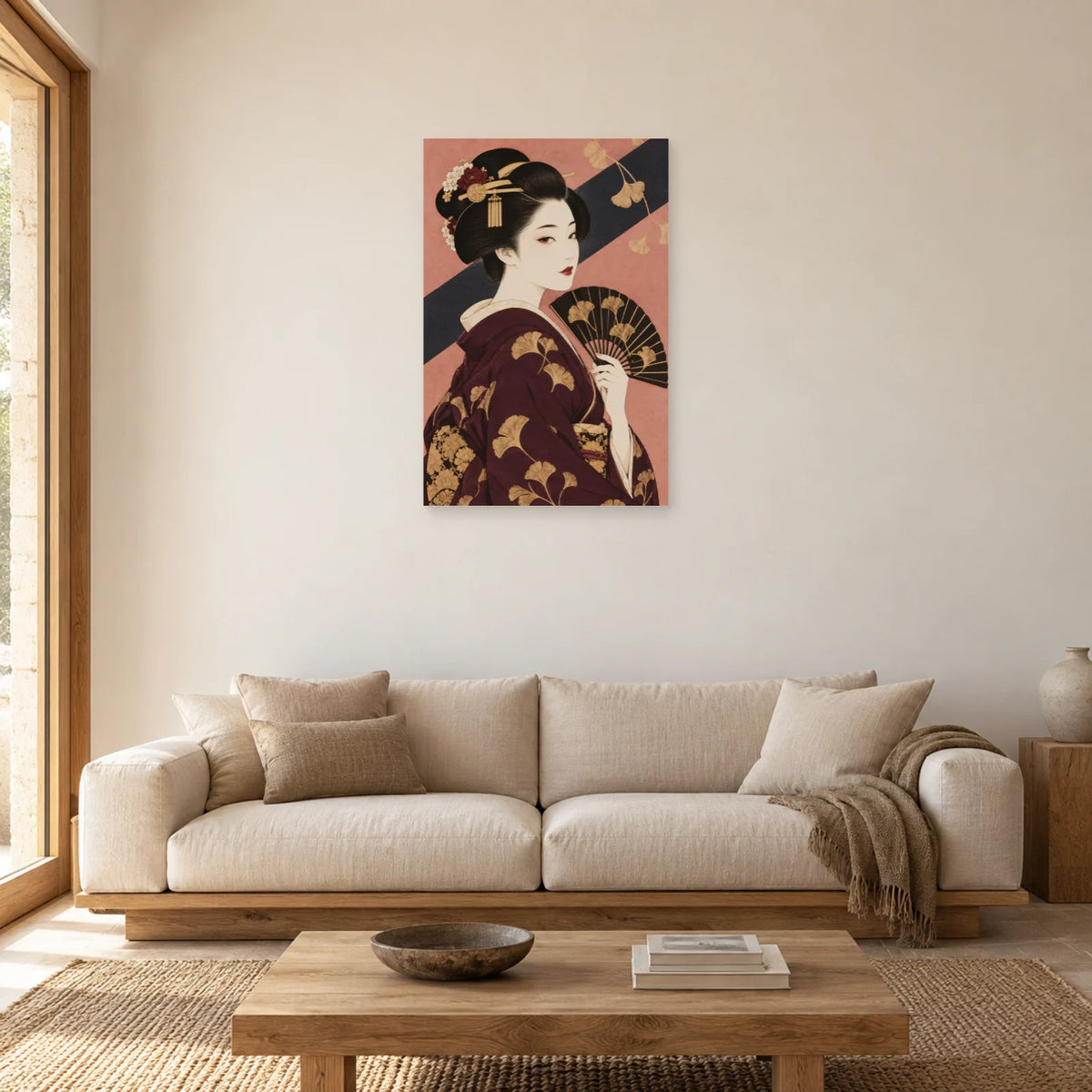 Affiche Geisha - Éventail prune dans un salon - Art Virtuoso