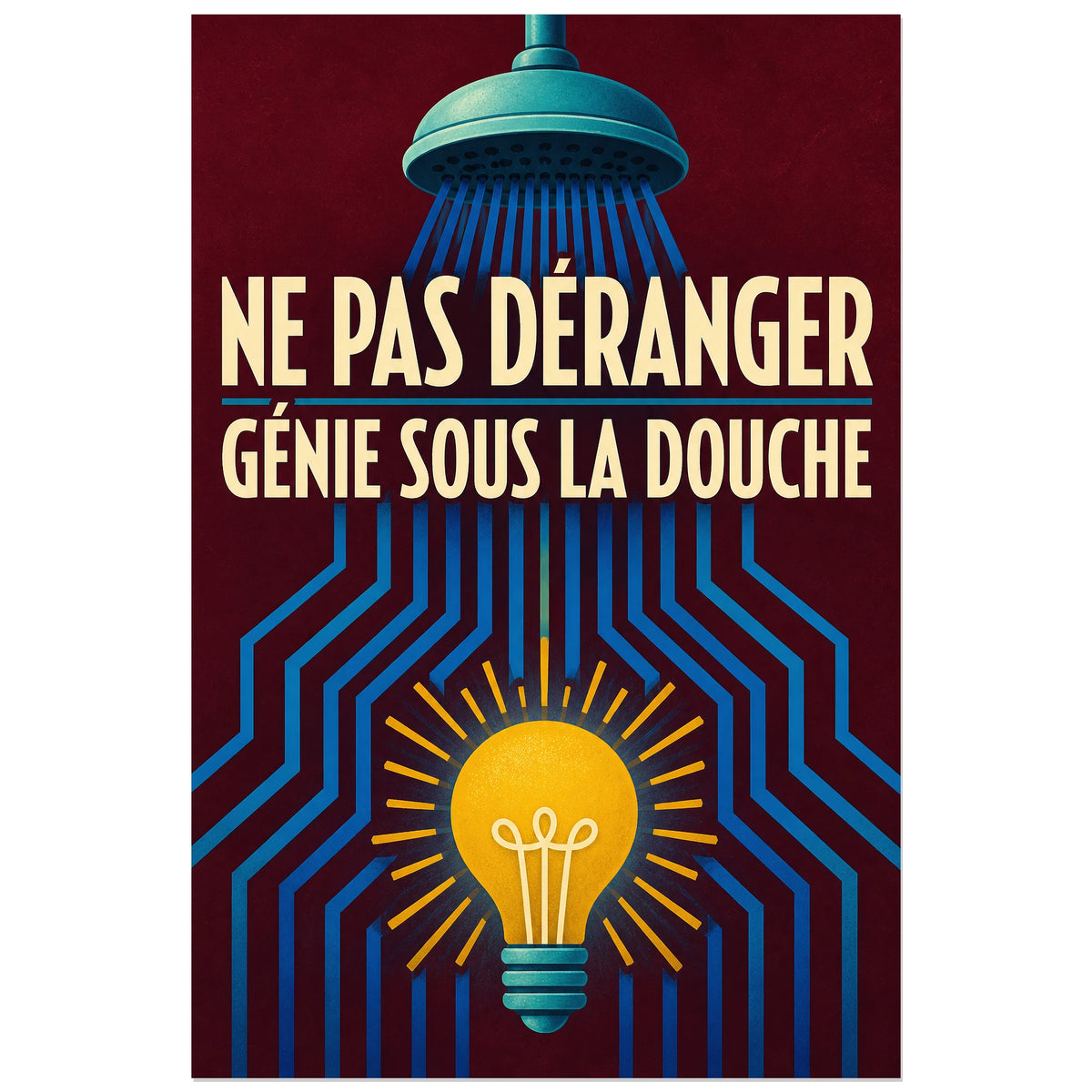 Affiche Génie sous la douche – Ne pas déranger, affiche rétro-moderne à métaphore graphique verticale, format 30 × 45 cm