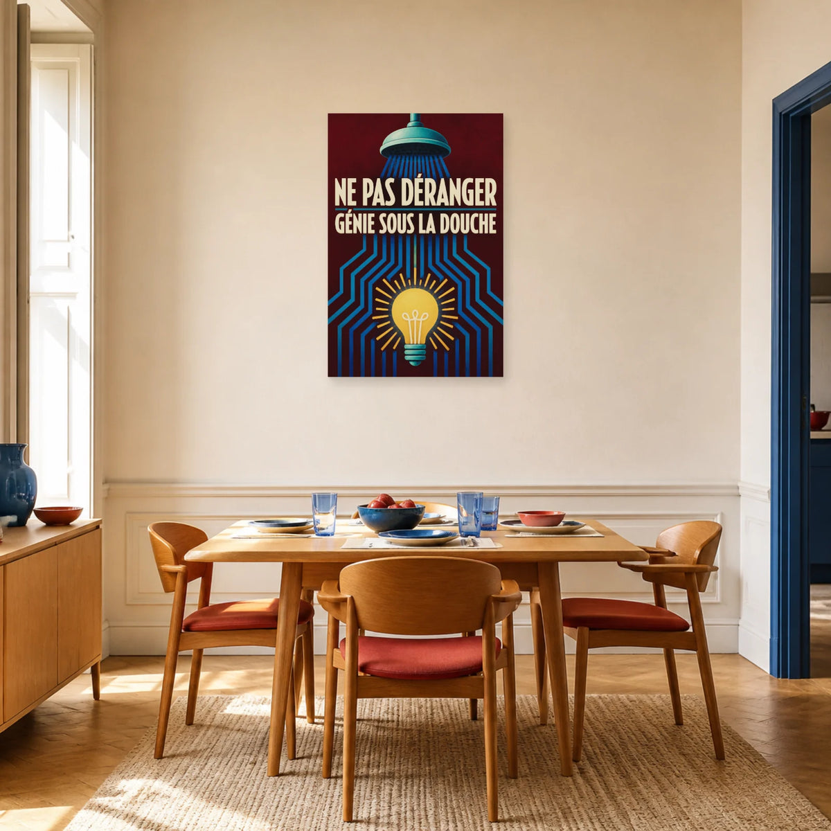 Affiche Ne pas déranger – Génie sous la douche dans une salle à manger - Art Virtuoso