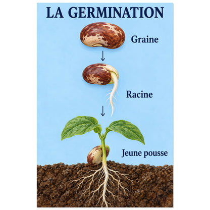 Graine de haricot et jeune pousse en trois étapes, affiche 30 × 45 cm