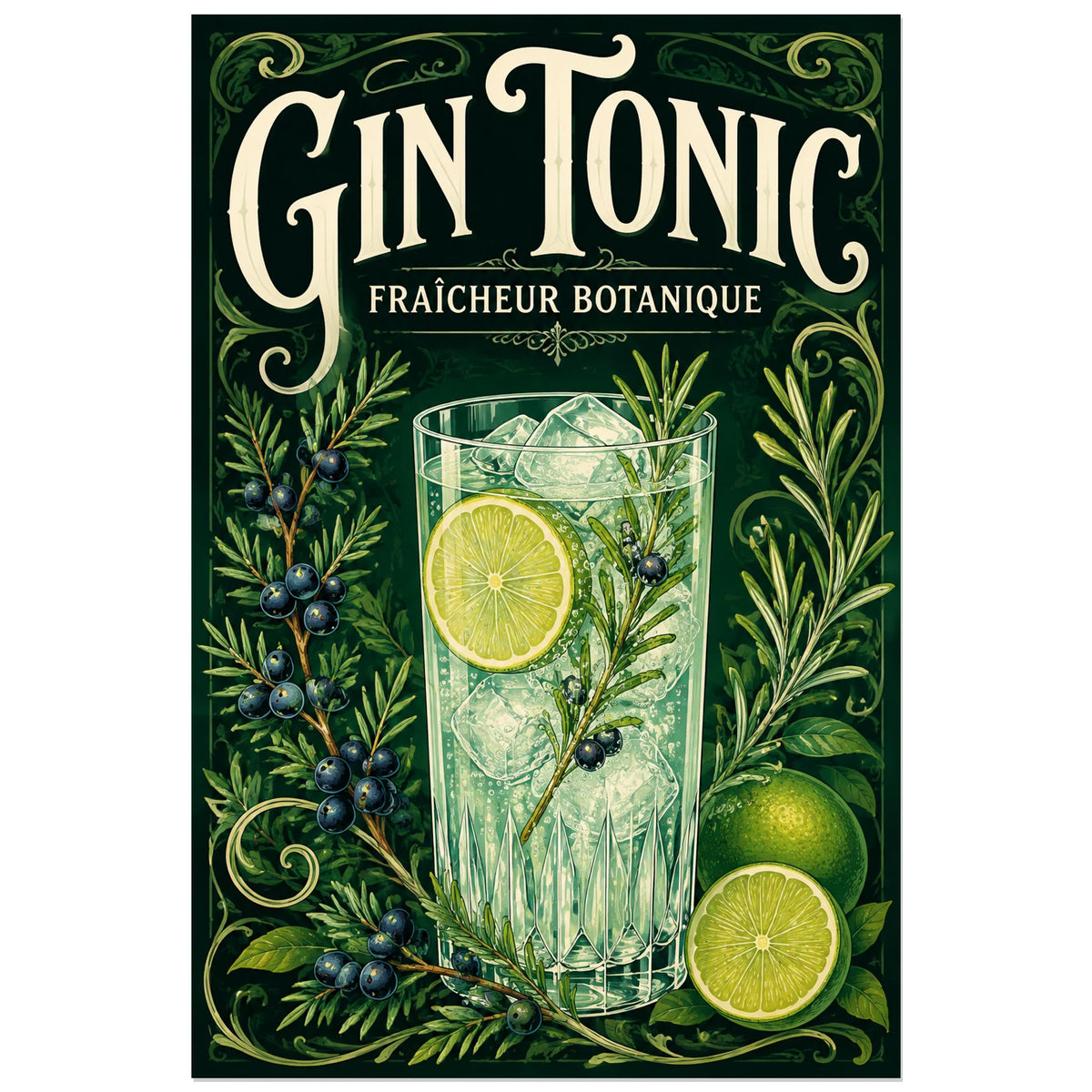 Affiche Gin tonic, fraîcheur botanique, illustration botanique ornementale d’inspiration ancienne verticale, format 60 × 90 cm
