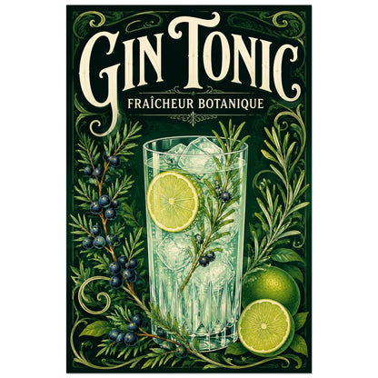 Affiche Gin tonic, fraîcheur botanique, illustration botanique ornementale d’inspiration ancienne verticale, format 60 × 90 cm