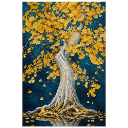 Affiche Ginkgo – Cascade d'or, gouache botanique / illustration contemporaine verticale, format 30 × 45 cm