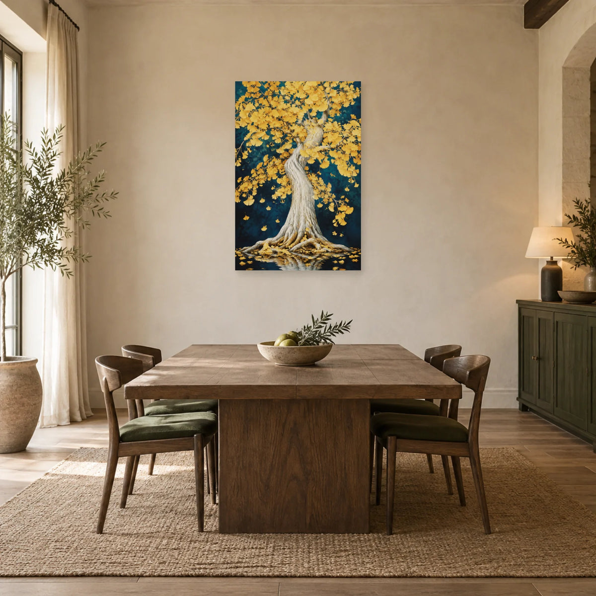 Affiche Ginkgo – Cascade d'or dans une salle à manger - Art Virtuoso