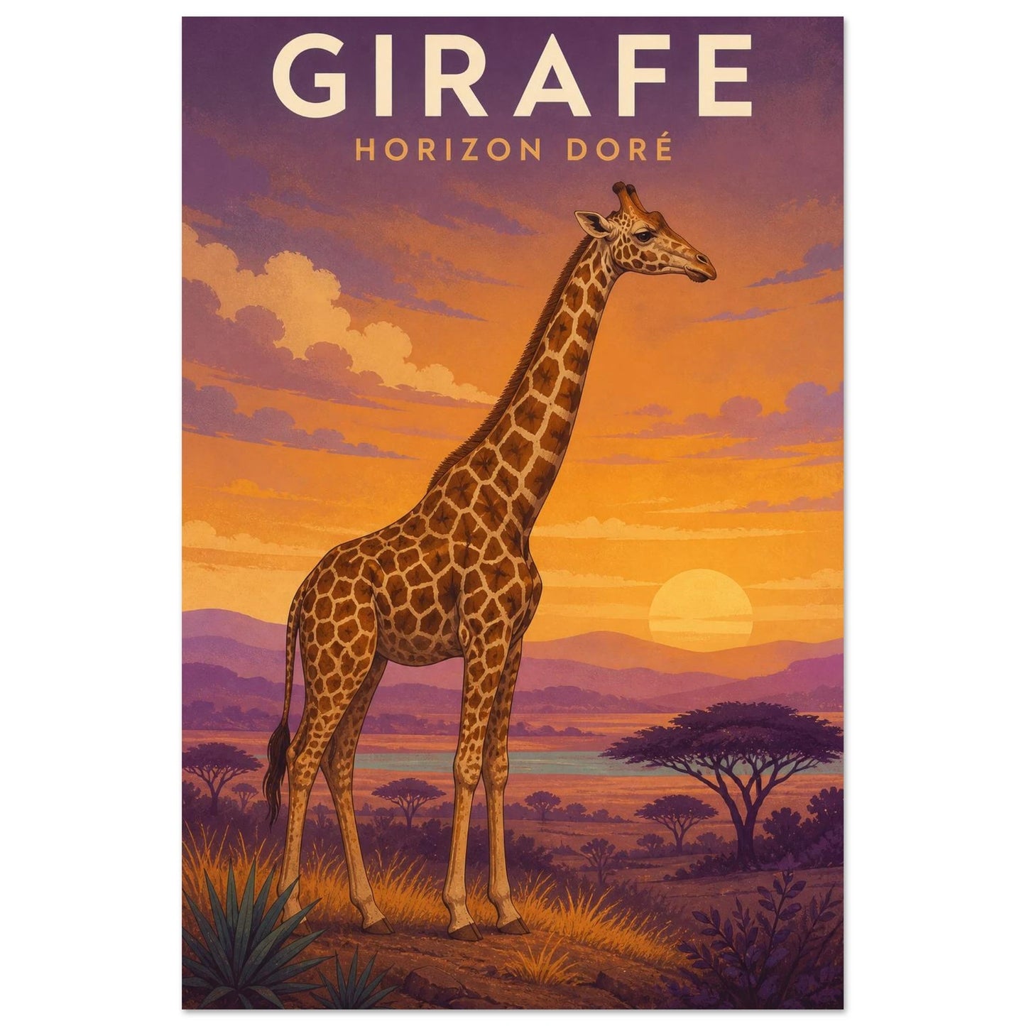 Affiche Girafe – Horizon Doré, illustration éditoriale verticale, format 30 × 45 cm