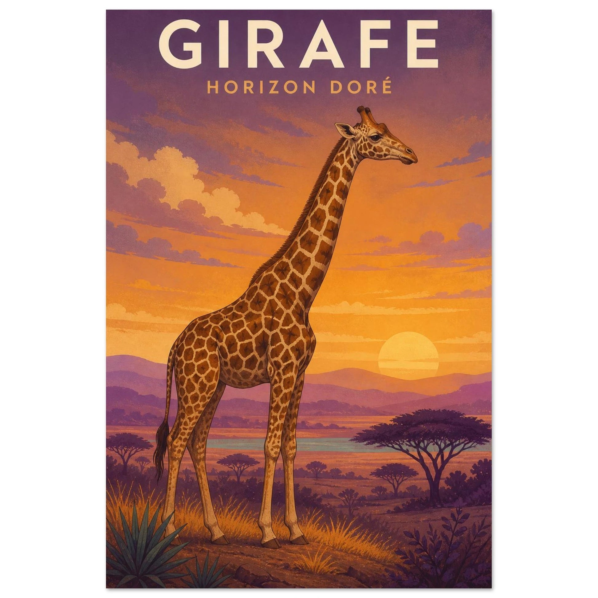 Affiche Girafe – Horizon Doré, illustration éditoriale verticale, format 30 × 45 cm