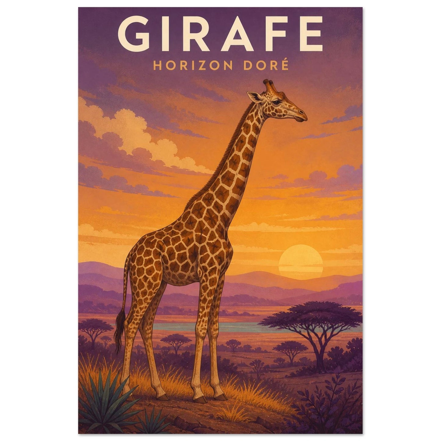 Affiche Girafe – Horizon Doré, illustration éditoriale verticale, format 40 × 60 cm