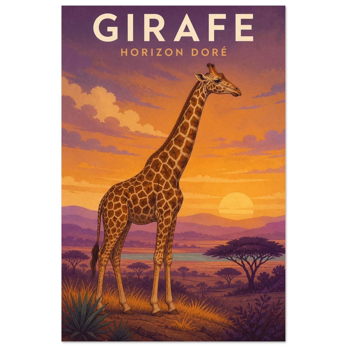Affiche Girafe – Horizon Doré, illustration éditoriale verticale, format 60 × 90 cm