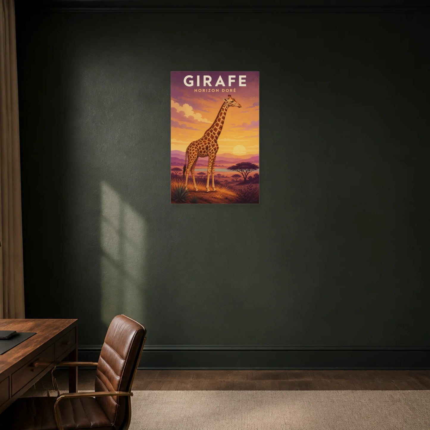 Affiche Girafe – Horizon Doré dans un bureau - Art Virtuoso