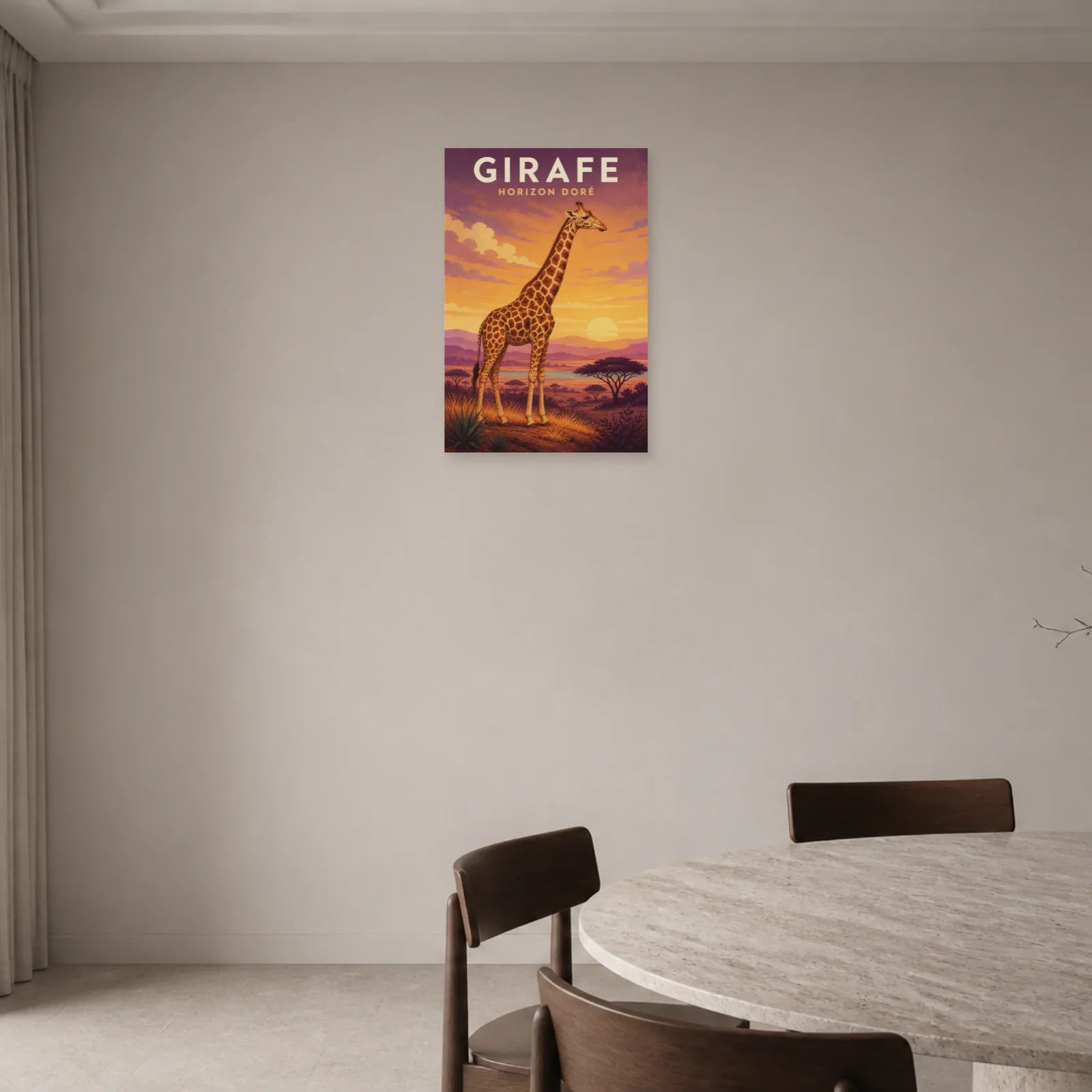 Affiche Girafe – Horizon Doré dans une entrée ou un couloir - Art Virtuoso