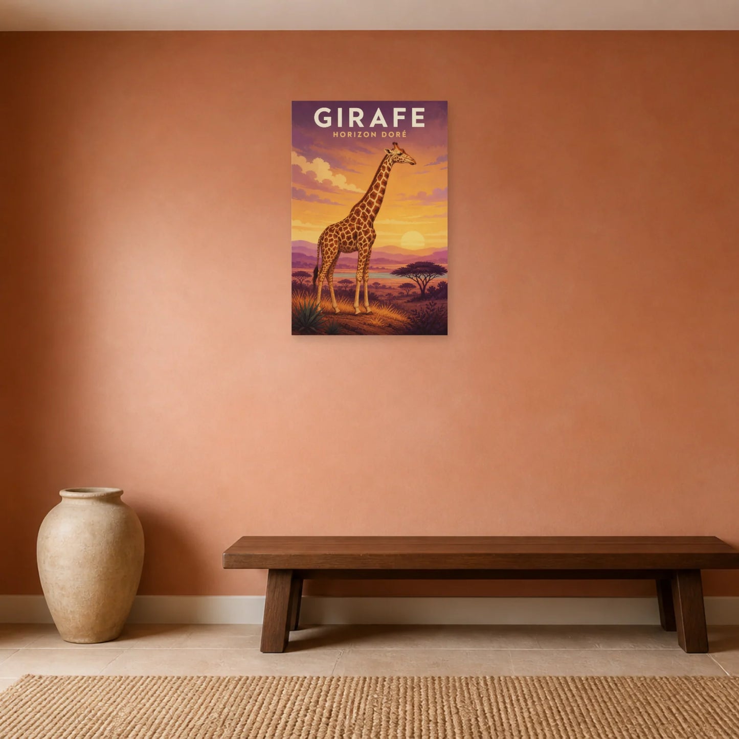 Affiche Girafe – Horizon Doré dans une salle à manger - Art Virtuoso