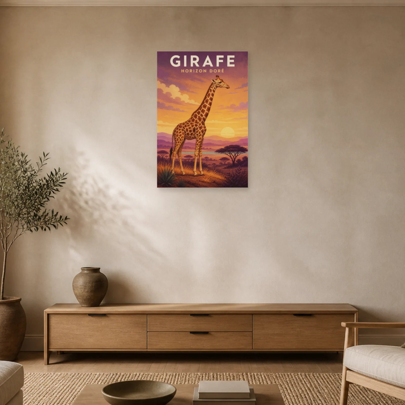 Affiche Girafe – Horizon Doré dans un salon - Art Virtuoso