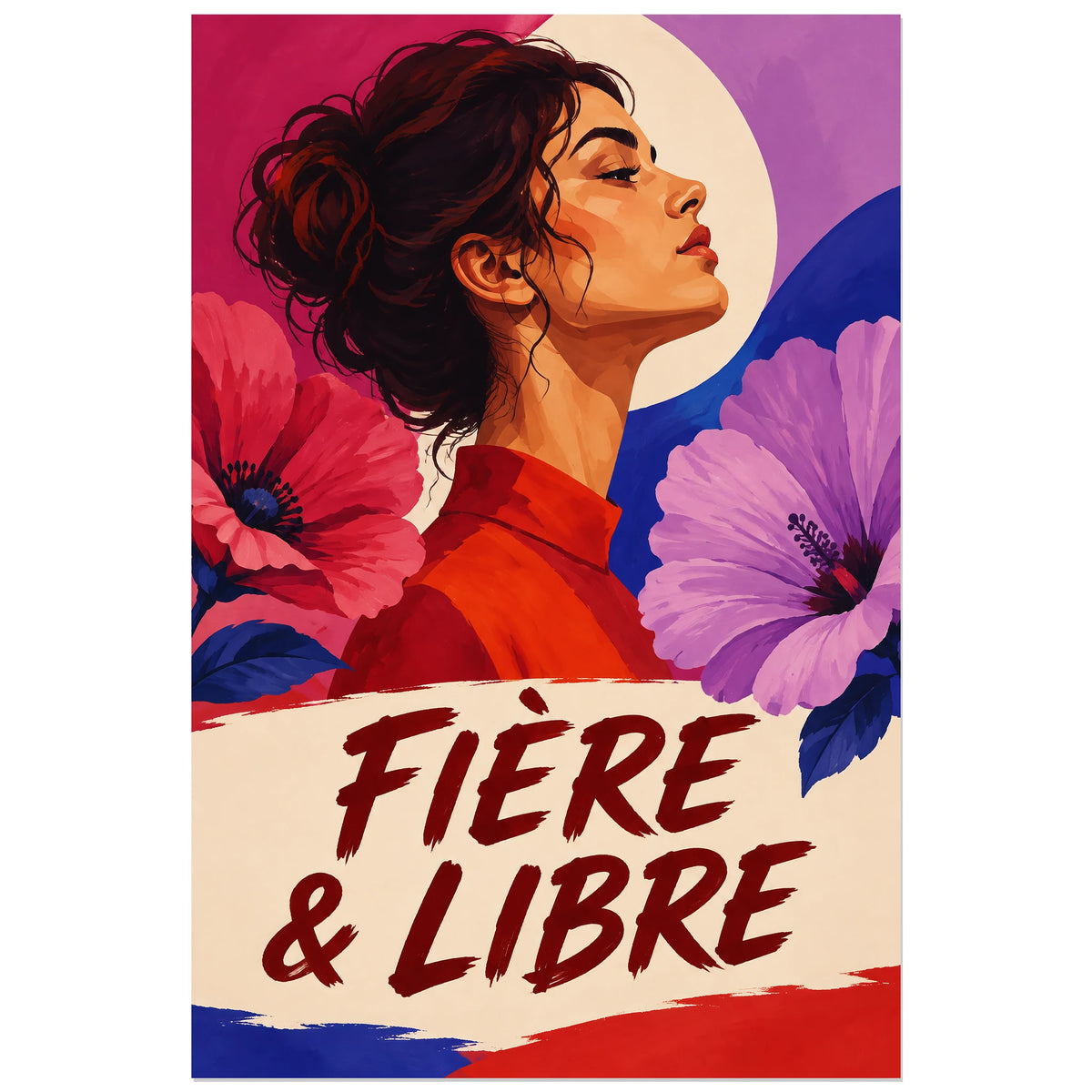 Visage de profil entre deux grandes fleurs sur fond framboise et cobalt, affiche 30 × 45 cm