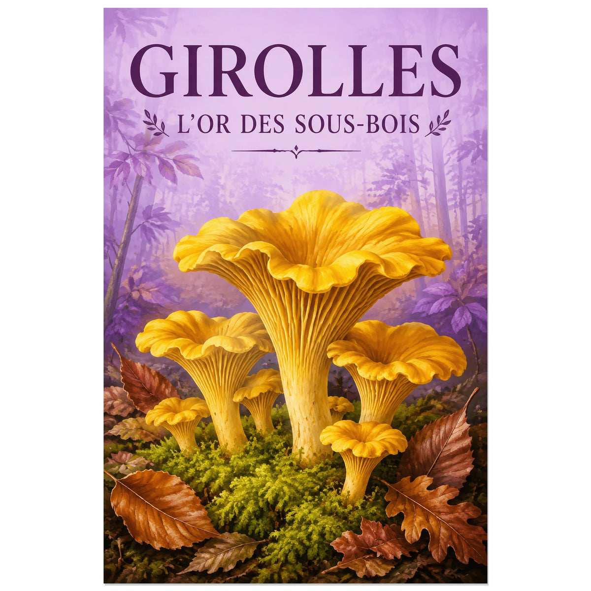 Affiche Girolles – L’or des sous-bois, gouache naturaliste verticale, format 30 × 45 cm