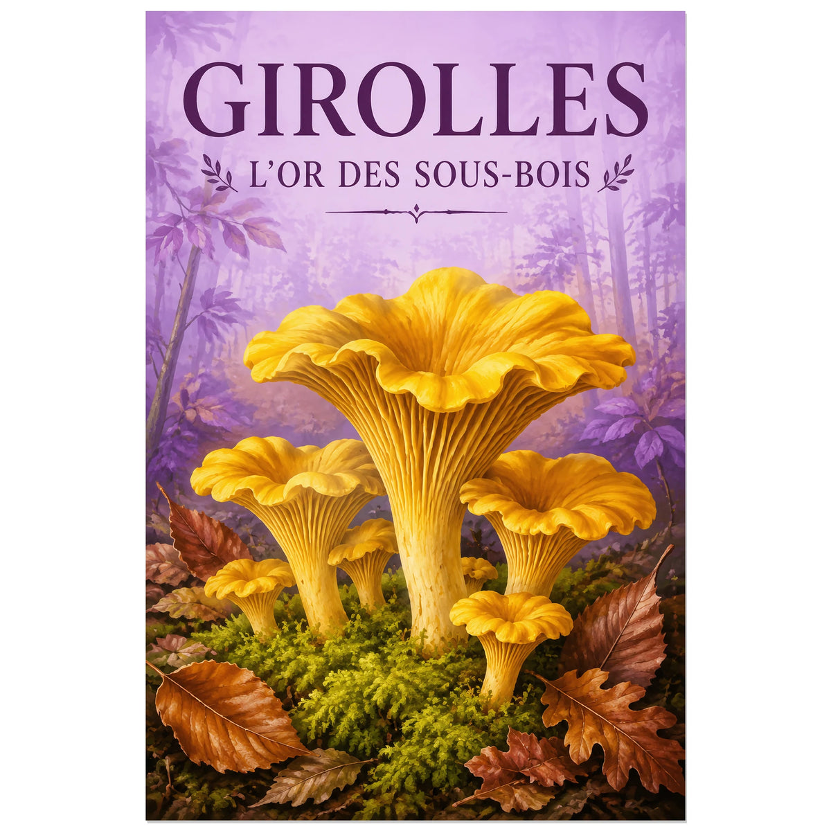 Affiche Girolles – L’or des sous-bois, gouache naturaliste verticale, format 40 × 60 cm