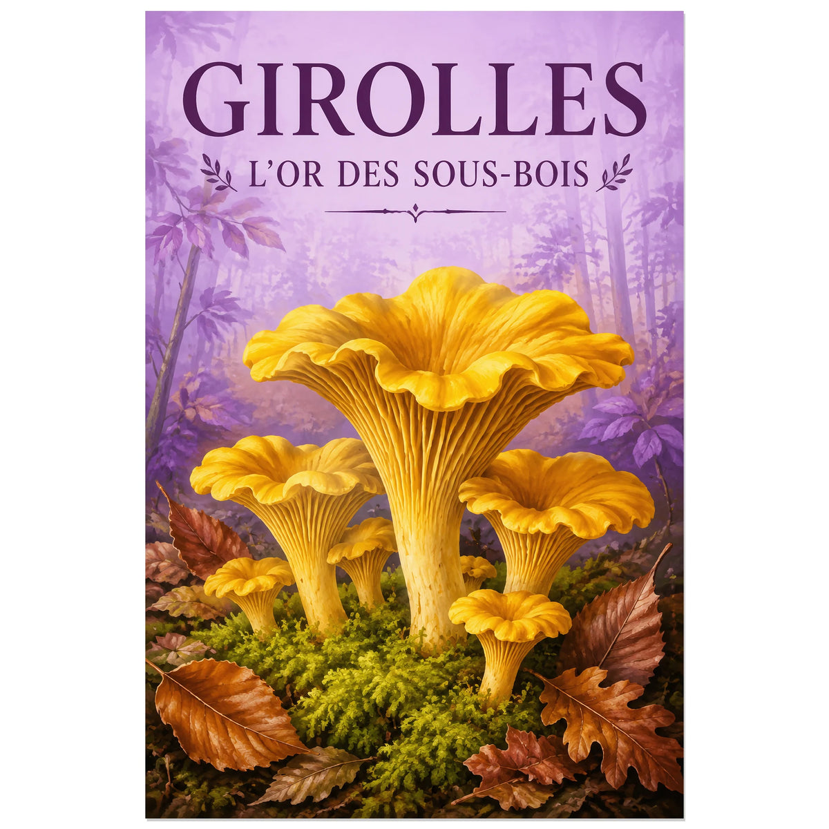 Affiche Girolles – L’or des sous-bois, gouache naturaliste verticale, format 60 × 90 cm