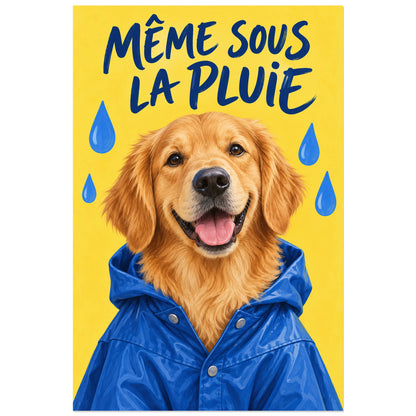 Affiche Golden retriever – Pluie et bonne humeur, peinture figurative / lettrage au pinceau verticale, format 30 × 45 cm