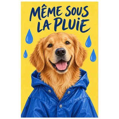 Affiche Golden retriever – Pluie et bonne humeur, peinture figurative / lettrage au pinceau verticale, format 60 × 90 cm