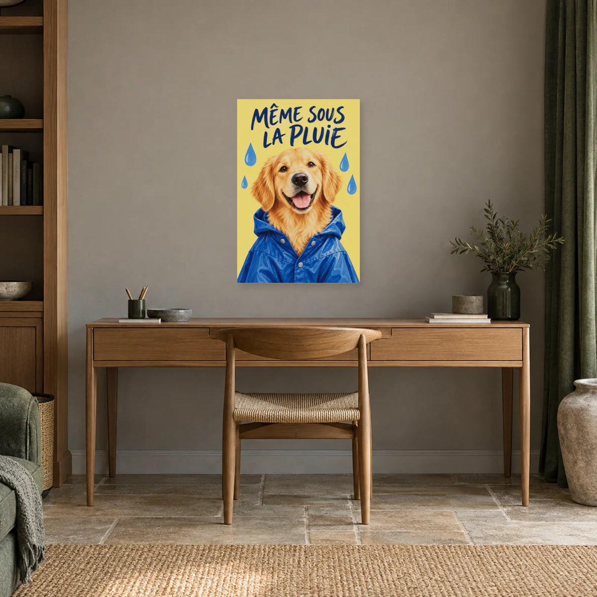 Affiche Golden retriever - Pluie et bonne humeur dans un bureau - Art Virtuoso