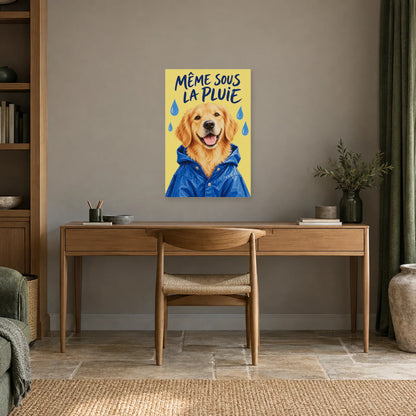 Affiche Golden retriever - Pluie et bonne humeur dans un bureau - Art Virtuoso