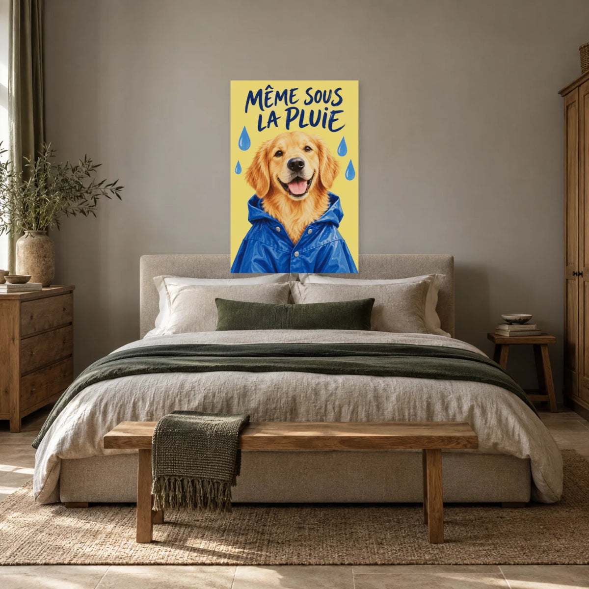 Affiche Golden retriever - Pluie et bonne humeur dans une chambre - Art Virtuoso