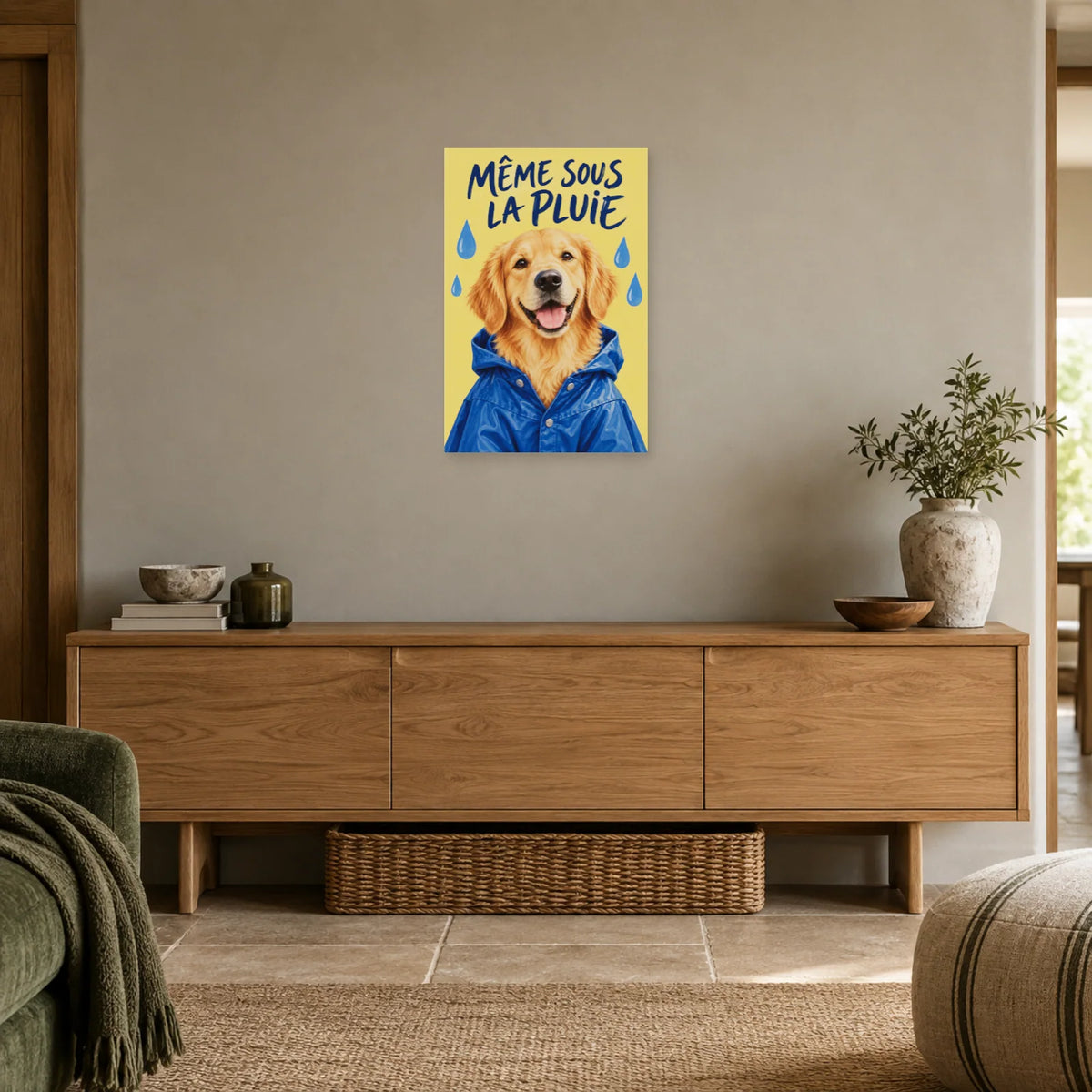 Affiche Golden retriever - Pluie et bonne humeur dans une entrée ou un couloir - Art Virtuoso