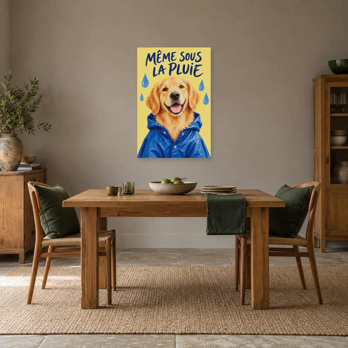Affiche Golden retriever - Pluie et bonne humeur dans une salle à manger - Art Virtuoso