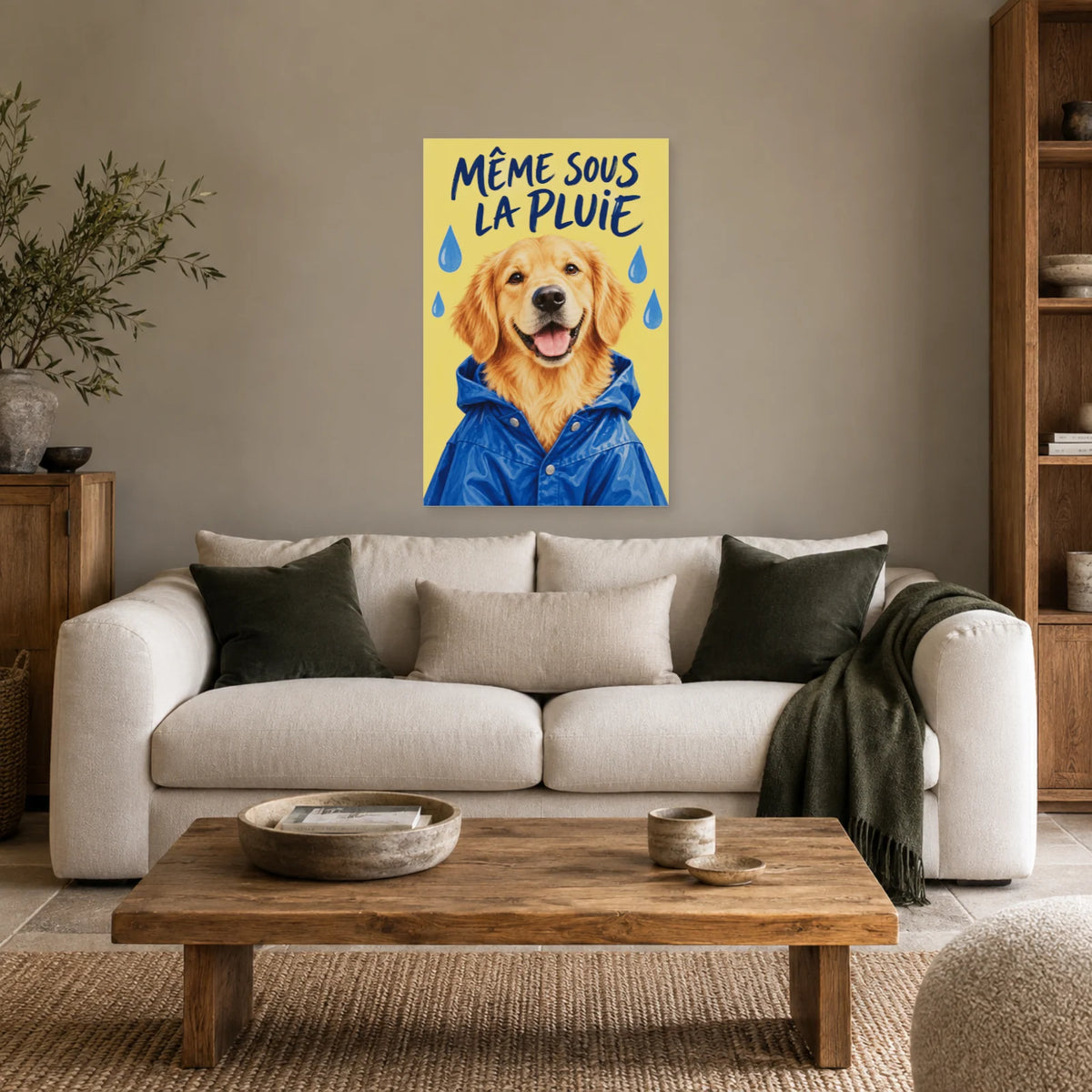 Affiche Golden retriever - Pluie et bonne humeur dans un salon - Art Virtuoso