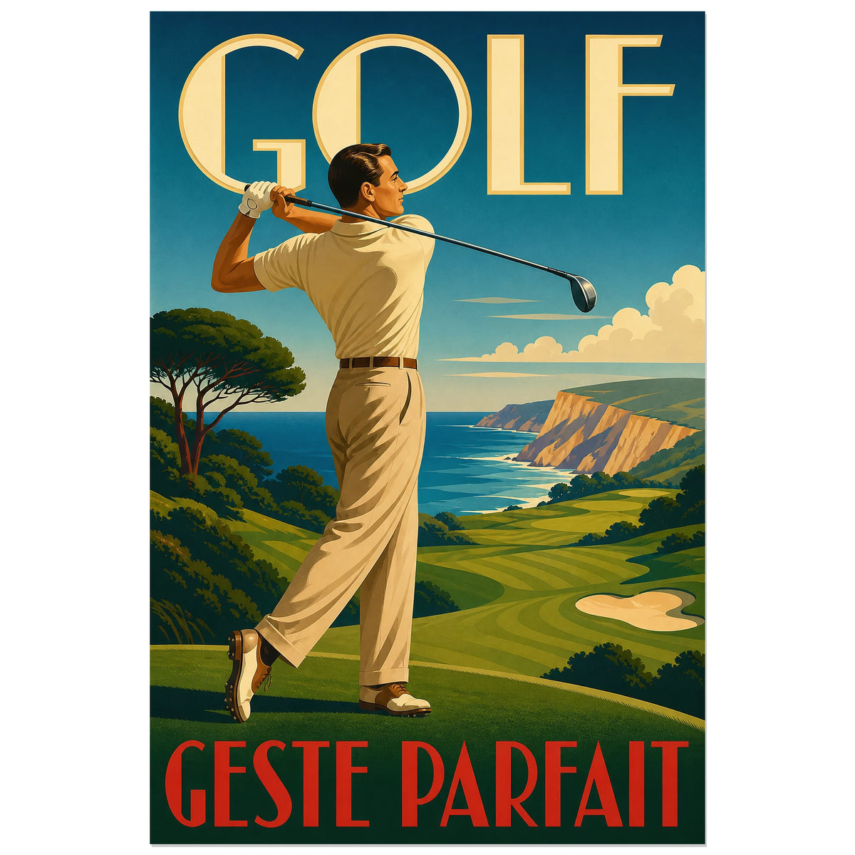 Golfeur achevant son swing face à un paysage maritime, affiche 30 × 45 cm