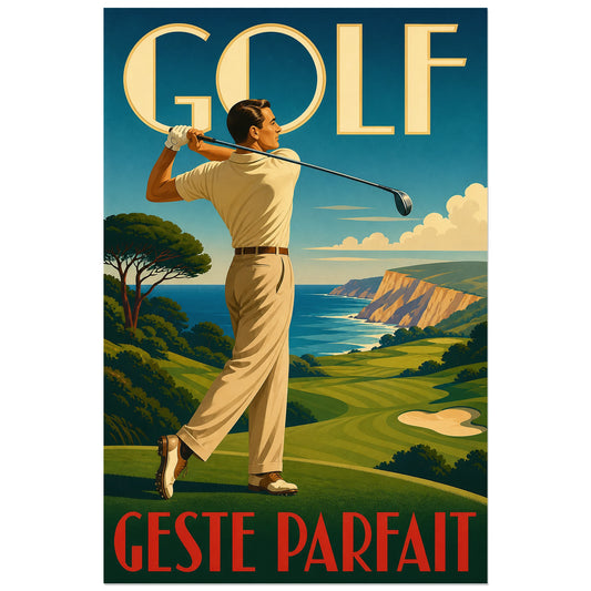 Golfeur achevant son swing face à un paysage maritime, affiche 30 × 45 cm