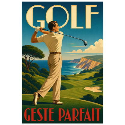 Affiche Golf Geste parfait avec joueur et côte stylisée, affiche 60 × 90 cm
