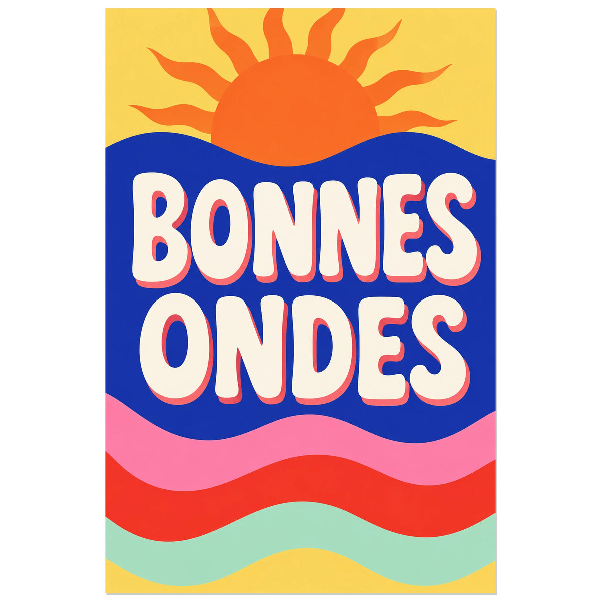 Bandes ondulées roses, rouges et menthe sous des lettres ivoire, affiche 40 × 60 cm